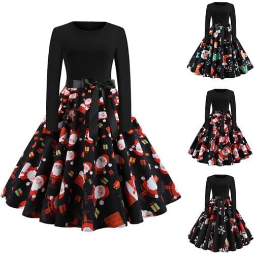 Christmas Vintage Print Dress Vestido Navidad Mujer Autumn Black O-Neck Dress Robe Noel Femme Dresses For Women 2020 Vestido