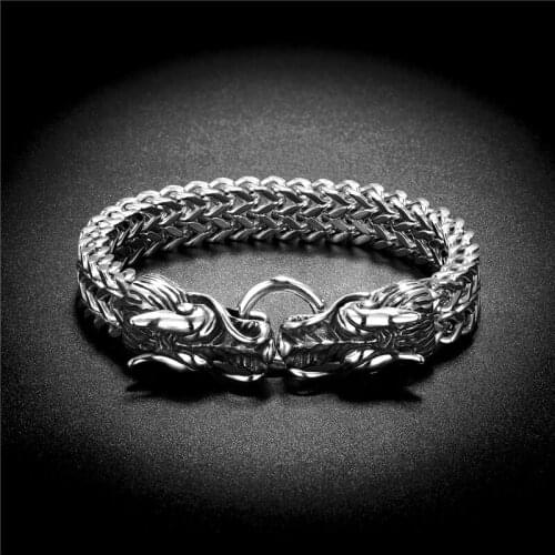 Fashion Silver Color Simple Personality Men Stainless Steel Bracelet Double Dragon Heads Vintage Animal Punk Bracelets Gift 2021
