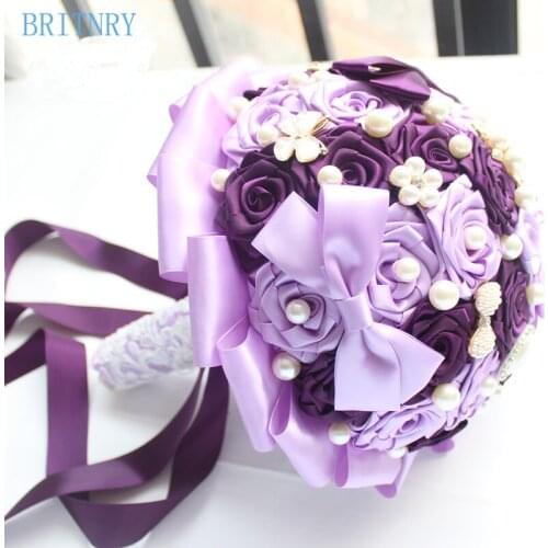 BRITNRY In Stock Pearls Bride Bouquet Satin Roses Flower Bouqnet High Quality Purple Wedding Bouquet for Brides