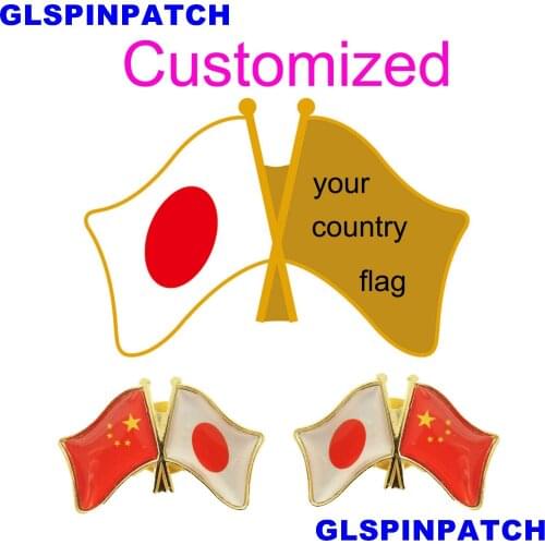 Japan Crossed Friendship Flag Double Country lapel pin Brooch USA UK France Chile Russia Saudi Arabia Japan Spain Badge