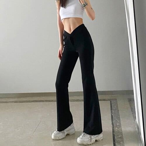 InsDoit Goth Sexy Black Pants Women Punk Grunge Summer Slim Trousers Streetwear Vintage Harajuku V Shape High Waist Flare Pants
