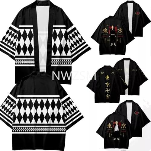 Tokyo Revengers Cosplay Cloak Anime Black White Top for Summer Hanagaki Takemichi Ken Ryuguji Haori Kimono Tee Men Short-Sleeve
