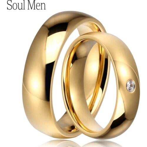 1 Pair 6mm CZ Stone Rings Set for Women Polish Dome for Men Gold Color Titanium Steel Couples Marriage Wedding Band