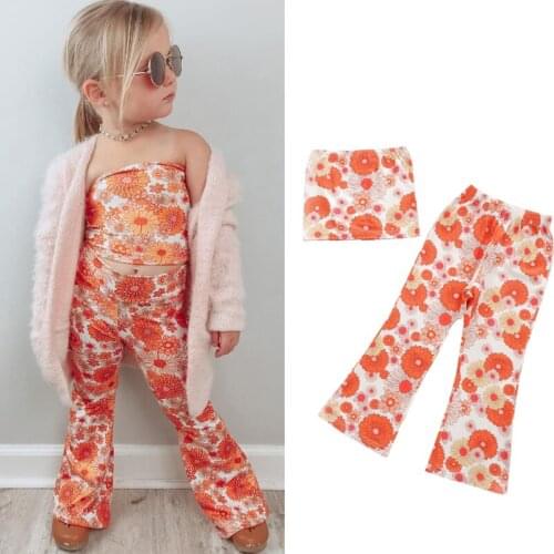 2Pcs Kids Girls Clothes Sets 2021 Summer Baby Floral Printed Strapless Vest Tops Long Flare Pants Bohemian Outfit 1-6Y