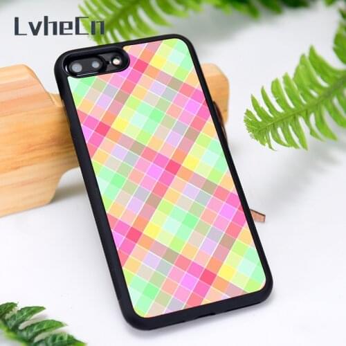 LvheCn Silicone Phone Case Cover for iPhone 6 6S 7 8 Plus X XS XR 11 12 Mini Pro Max Pastel Rainbow Tablecloth Diagonal Check