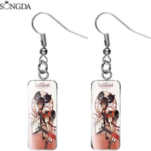 New Genshin Impact Rectangle Fashion Drop Earrings Art Photo Glass Cabochon Pendant Charm Dangle Earring For Women Unisex Gift