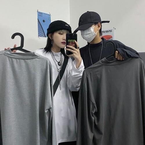 Maxxo Solid Color Half High Collar Long-Sleeved T-Shirt Couples Punk Clothes Women Grunge Harajuku Tee Gothic y2k Top Autumn