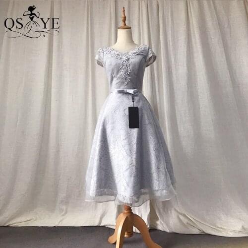 Thick Lace Short Grey Prom Dresses Puffy A Line Lace Evening Dress Cap Sleeves Bow Knot Belt Girl Party Gown Cheap Women Dress