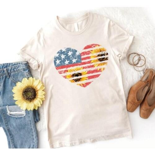 Sunflower heart Patriotic shirt, retro 4th of july Independence day Oversized T-shirt 100% cotton sleeve fashion women plus size