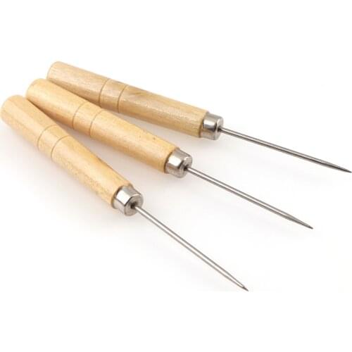 2Pcs Useful Leather Wood Handle Awl Hole Hook Tools Leather Craft Stitching Sewing Awl For Handmade Repair Craft Accessories