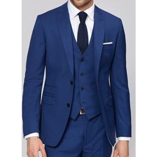 High Quality Two Buttons Blue Groom Tuxedos Peak Lapel Groomsmen Mens Wedding Prom Suits (Jacket+Pants+Vest+Tie) NO:70