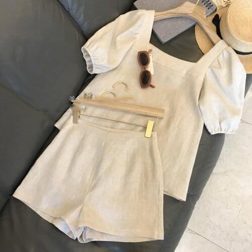 Solid Womens Cotton Linen Sets Square Neckline Short Sleeve Shorts+Shirts Wide Straight Shorts Casual Elegant 2 Pcs Playsuit
