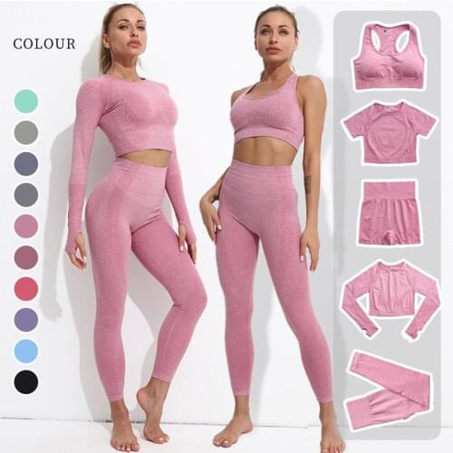 Womens Yoga Suit Sportswear Gym Suit Seamless Fitness Tights Bra Long Sleeve Cut Top High Waist Tights Sportswear 2/3/5PCS