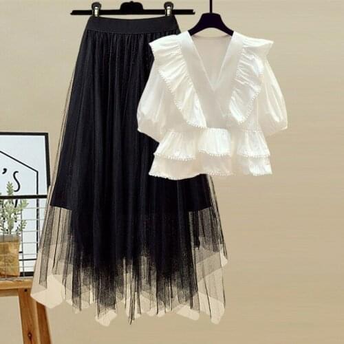 Summer New 2021 Women Skirts Sets Ruffles White Blouse And Mesh Patchwork Knee-Length Dresses Female Clothing Suits
