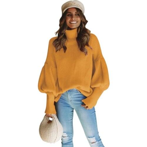 Winter Sweater Tops Women Sweaters Turtleneck Puff Sleeve Female Pullovers White Lantern Sleeve Solid Color 2021 New Autumn