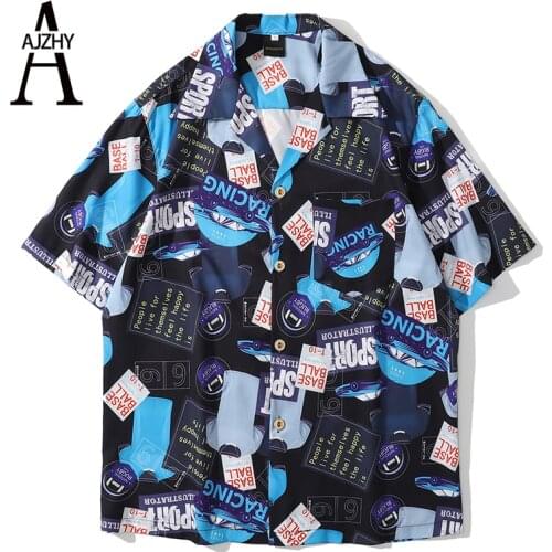 AJZHY Summer Casual Shirts for Men Hawaiian Shirt Japanese Fashion Retro Print Turn-down Collar Short Sleeve Men Shirt Tops Tees