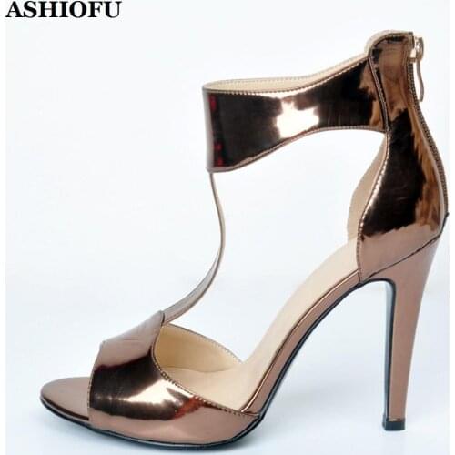 ASHIOFU Wholesale Handmade Womens High Heel Sandals T-strap Peep-toe Party Prom Shoes Large Size Evening Fashion Sandals Shoes