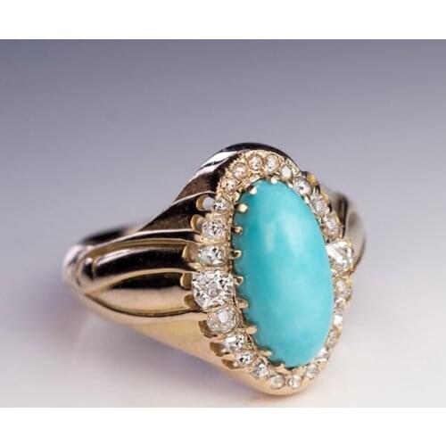 Noble Elegant Woman Natural Blue Turquoise set Diamond Ring Fashion Vintage Engagement Rings Party Wedding Band Jewelry