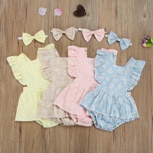 OPPERIAYA Summer Bodysuit with Headband Daisy Print Square Collar Ruffle Fly Sleeve Bodysuit Hairband for Baby Girls 0-24 Months