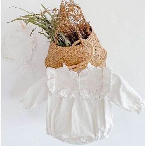 Newborn Toddler Baby Girls Princess Bodysuit Embroidery Collar Baby Girl Clothes Long Sleeve Girls White Jumpsuit with hat
