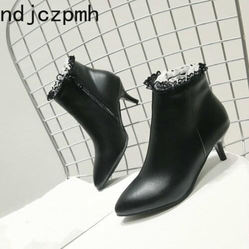 Ankle Boots Winter Pointed The New Fashion Zipper Lace Sexy Fine Heel Mid Heel Short Tube Womens Shoes Plus Size 32-47 Black
