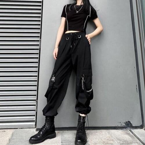Harajuku Straps Woman Pants Plus Size Clothing for Women Summer Baggy Tactical Trouser Both Side Pendant Metal Chain Accessories