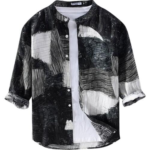 Suehaiwes brand Italy style three-quarter sleeved pure linen shirt men summer black stand collar shirts for men tops mens