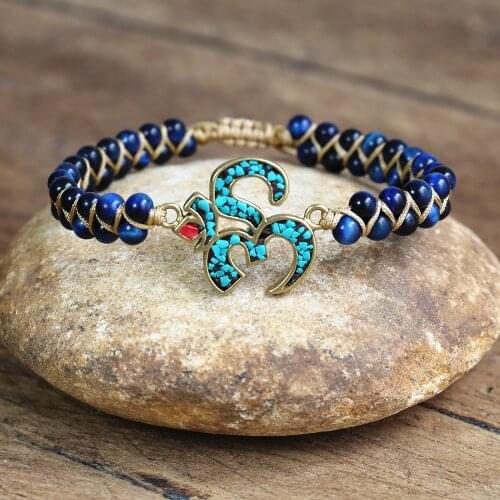 Tiger Eye Stone Beads Buddha Symbol OM Mala Braided Yoga Meditation Zen Charm Bracelet & Bangle Women Men Handmade Jewelry