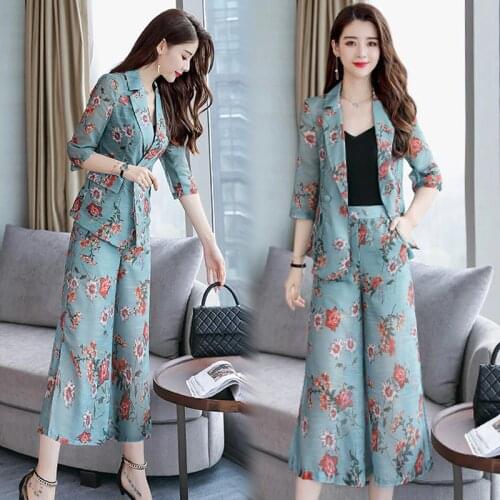 Summer thin woman organza pant suits British style elegant Blazers suit female Print suit jacket and wide leg pants two-piece