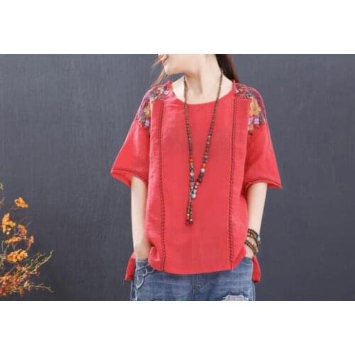 Summer Style Women Tshirt Plus Size Loose Casual Short Sleeve Tee Shirt Femme Cotton flower Embroidery Vintage Tops Big