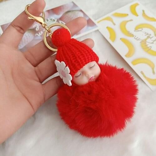 Cute Girls Fluffy Rabbit Fur Sleeping Baby Keychain Flower Pompom Knitted Hat Doll Key Chain On Bag Car Jewelry Party Toys Gift