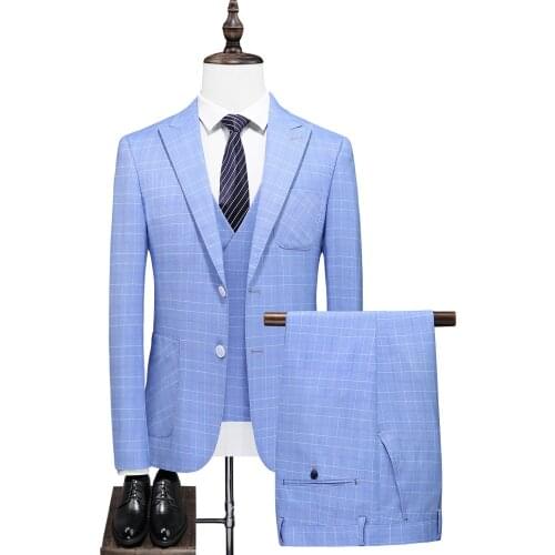 Brand New Sky Blue Plaid Men Suit Classic Groom Wedding Suit 3 Pieces Set Prom Dinner Blazer Tuxedo Slim Fit Jacket Vest Pants