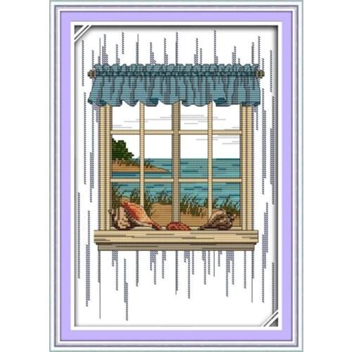 Cross stitch set seascape window pattern, DMC embroidery thread cross-stitching wall decoration embroidery paintings