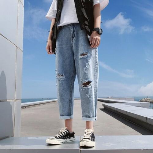 Spring New Student Men Ankle-Length Pants Slim Ripped Mens Jeans Fashion Casual Male Pencil Pants