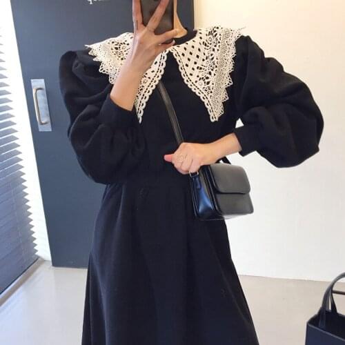 Neploe Autumn Retro Hollow Lace Robe Lapel Contrast Stitching Long Vestidos High Waist Lantern Sleeve Sweatshirt Women Dress