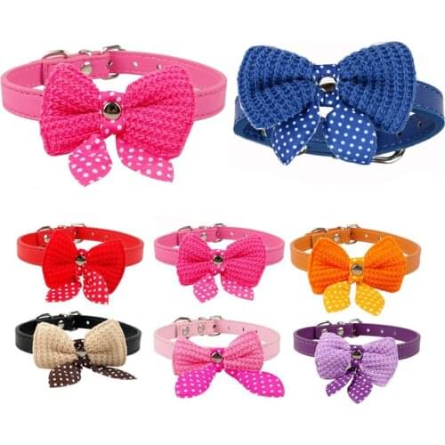 PU Leather Pet Dog Cat Puppy Collar Polka Dot Knit Bowknot Dog Collar Necklace perro collares gatito mascota colar arco couro
