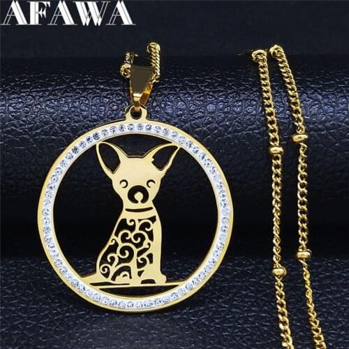 Pet Dog Chihuahua Crystal Stainless Steel Charm Necklaces Women Gold Color Statement Necklace Jewelry bijoux femme NXS01