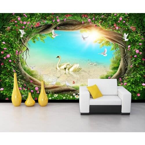 Bacaz Custom 3D Photo Wallpaper Beautiful Flower TV Wall Mural Living Room Bedroom Swan Mural Wallpaper papel de parede