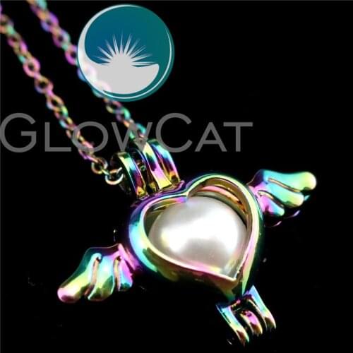 R-C59 Kids Girl Rainbow Color Heart Wings Beads Cage Pendant Perfume Diffuser Aromatherapy Pearl Cage Locket Necklace