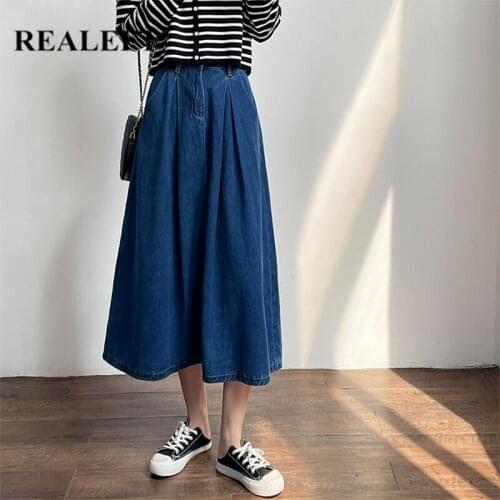 REALEFT 2021 New Spring Summer Vintage Womens Denim Umbrella Long Skirts High Waist Chic Jeans A-Line Skirts Female Pockets