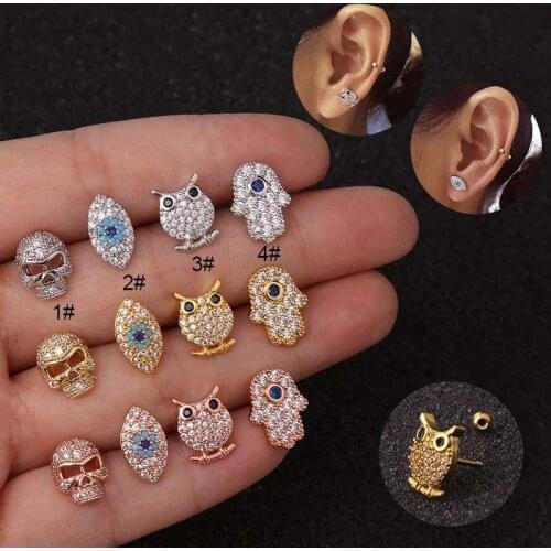 1Pc Skull Owl Animal Cz Ear Studs Helix Piercing Cartilage Earring Conch Rook Tragus Stud Labret Back Stainless Piercing Jewelry