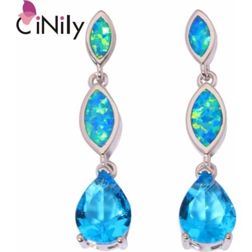 CiNily Created Blue Fire Opal Blue Zircon Silver Plated Wholesale Hot Sell for Women Jewelry Stud Earrings 1 1/4" OH3373