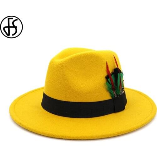 FS 2020 Wool Green Yellow Fedora Hat Summer Wide Brim Felt Feather Hats For Women Men Gentleman Panama Trilby Derby Sombrero Cap