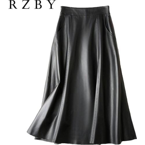Office Genuine Lady Leaher Skirt Women Natural Sheepskin Solid Midi Black Skirts Party Faldas High Waist skirt Femininas RZBY286
