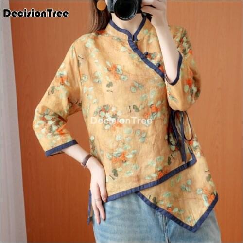 2021 traditional chinese shirt cotton chinese style tops retro folk tea clothing flower print blouses women daily chiffon blouse