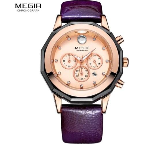 Womens Chronograph Quartz Wrist Watches Purple Leather Strap 24 Hours Clock Stop Watch Lady Woman Relogios Femininos 2042LREPU
