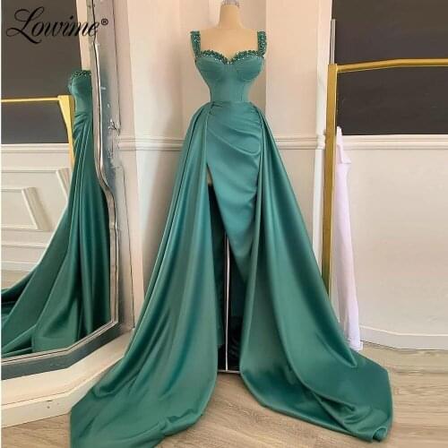 Lowime Long Evening Dresses Crystals Arabic Party Gowns For Weddings 2021 Satin Robe De Soiree Mermaid Beaded Prom Dress Vestido