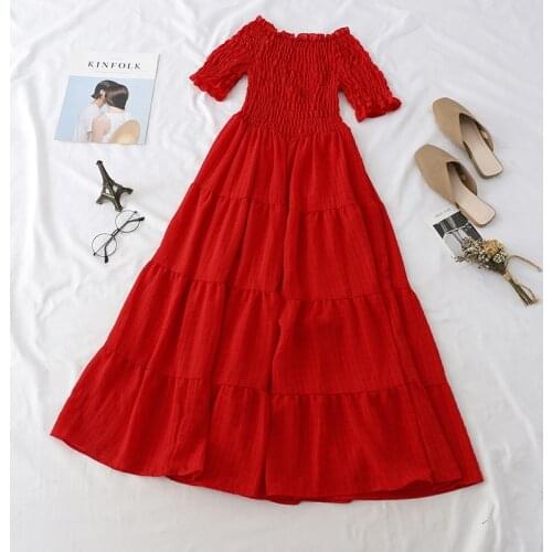 Elegant Women Slash Neck Flare Sleeve A-line Pleated Ruffles Dress New Vintage Elastic Slim High Waist Pullover Party Midi Dress