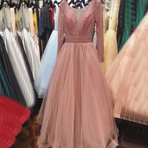 Gold O-Neck Sequins Beading A-Line Evening Dresses Design 2021 Long Sleeves Lace Up Formal Dress Serene Hill LA70237