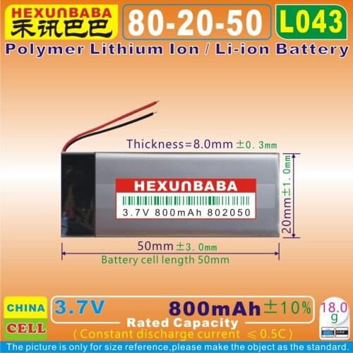 2pcs [L043] 3.7V 800mAh [802050] Polymer lithium ion / Li-ion battery for speaker,mp3,mp4,BLUETOOTH earphone